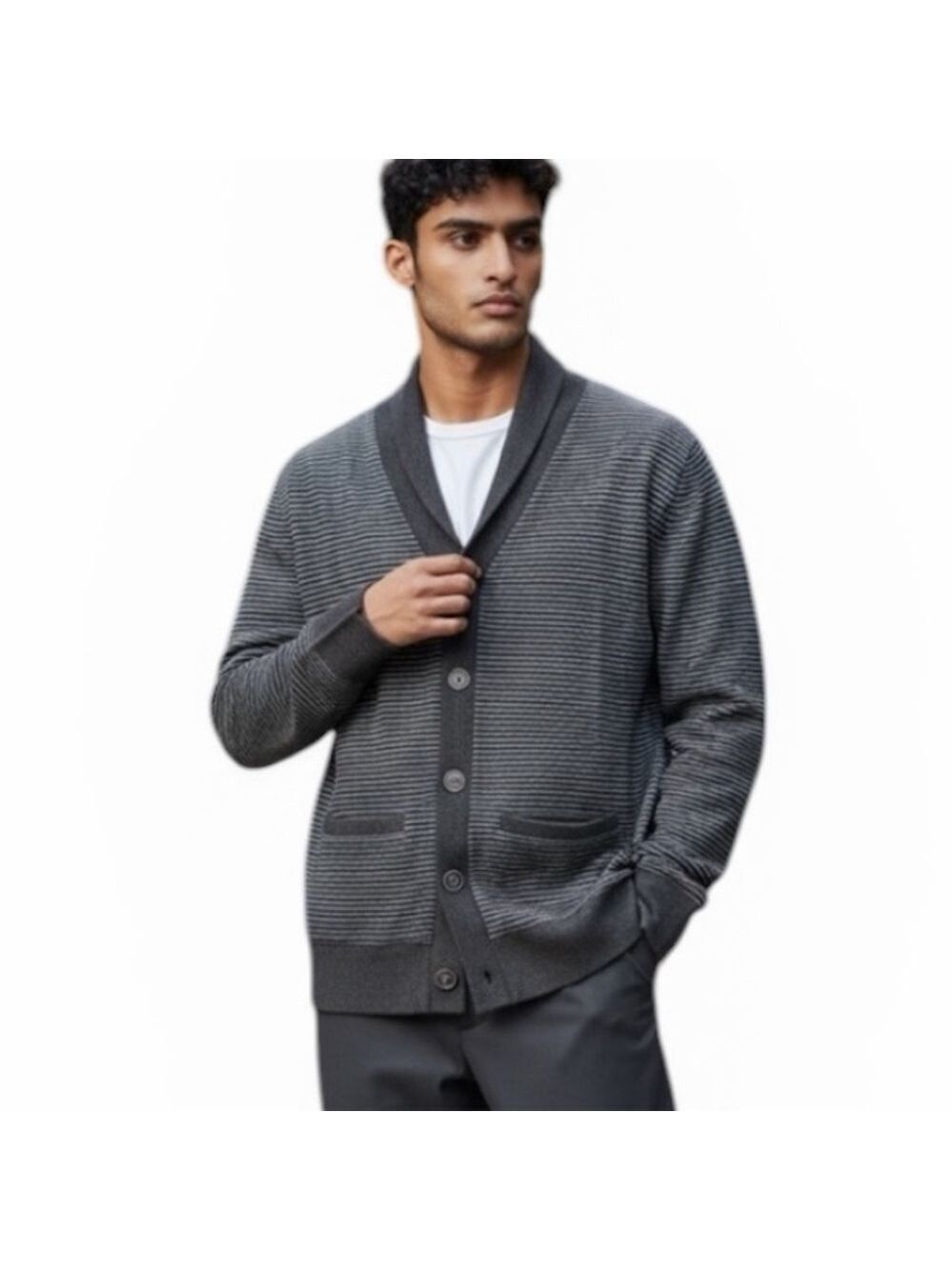 Express Striped Gray Shawl Collared Cardigan Fleece Sweatshirt  Size XL